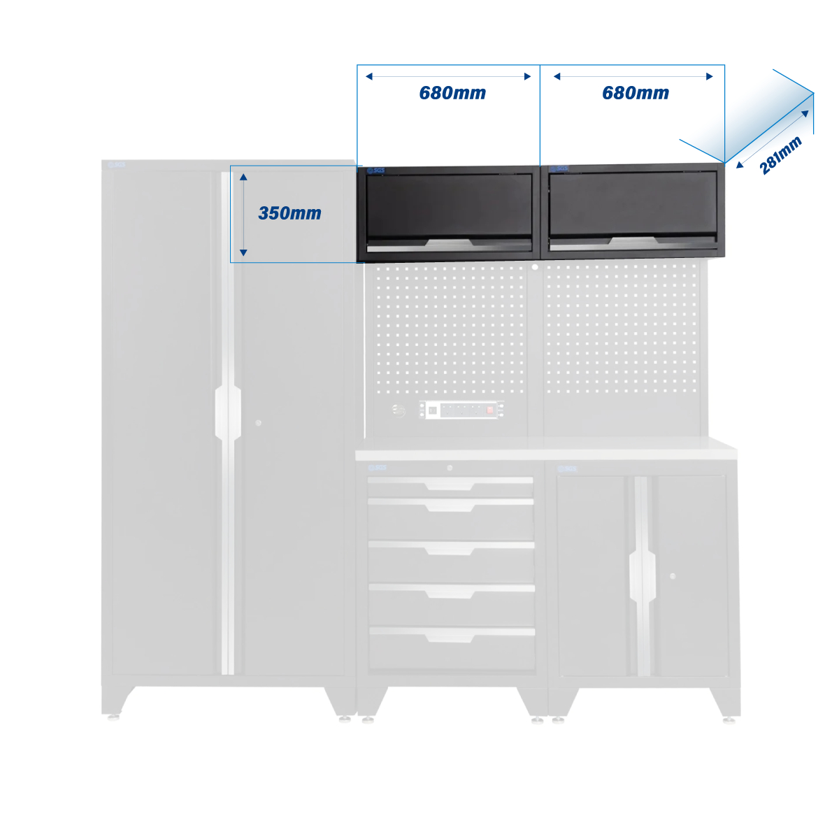 SGS 7pc Modular Garage Storage | 5 Drawers | Stainless Steel Worktop | Tall Double Cabinet | 2x Upper Cabinets | Pegboard with Power Strip
